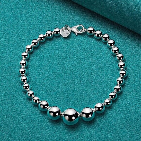 925 Sterling Silver Smooth Bead Ball Chain Bracelet 7.5'' long lobster closure - Picture 2 of 4